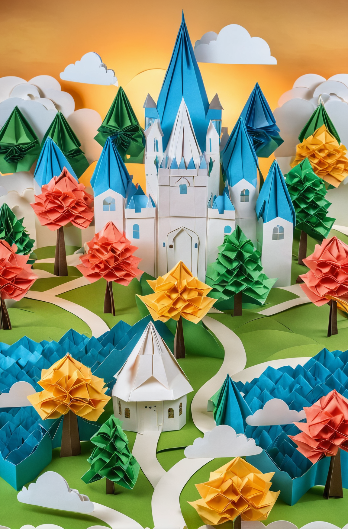 castle made of paper, highly detailed, paper clouds, paper trees, paper landscape, Modular Origami, Ultra-HD, Super-Resolu...